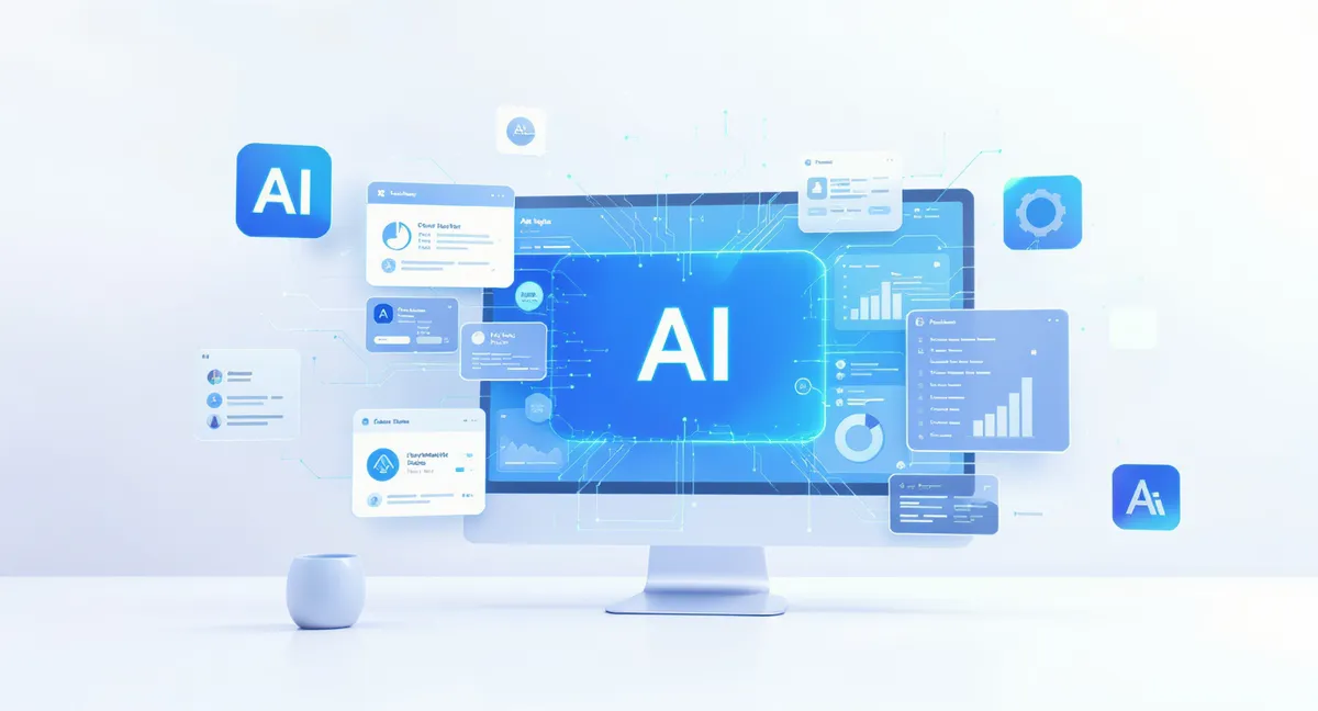 AI productivity tools dashboard with multiple apps and interfaces in digital workspace