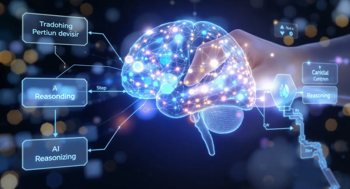 Chain of thought AI reasoning visualization with neural network showing visible thought process steps