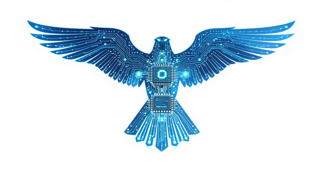 Compact AI language model visualization with falcon bird silhouette integrated with circuit patterns