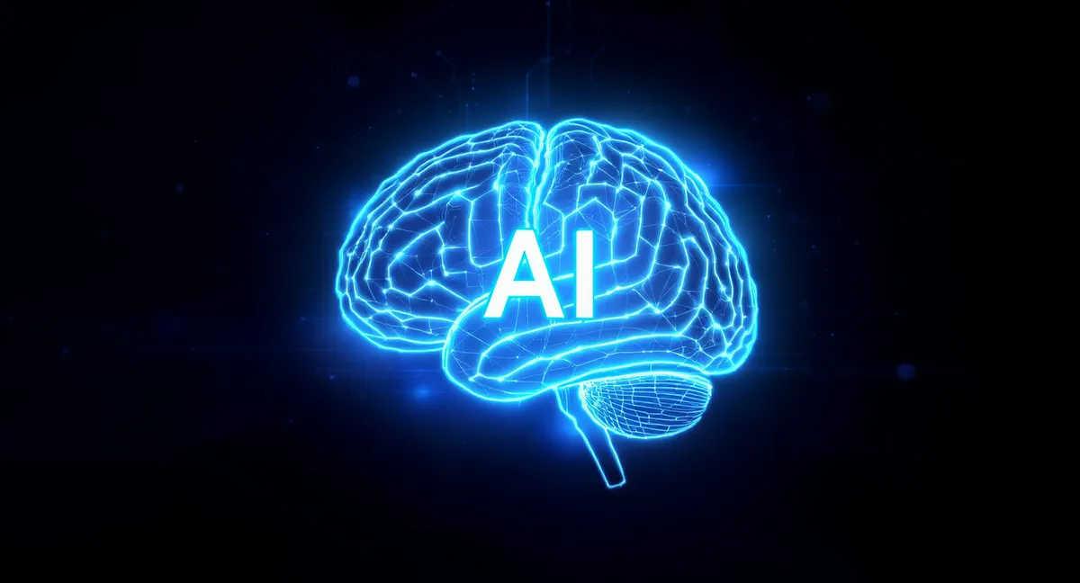 Futuristic AI brain with glowing neural network connections in blue and cyan colors